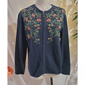 Croft & Barrow Womens Embroidered Zip Sweater Size M Cottage Granny Silk
